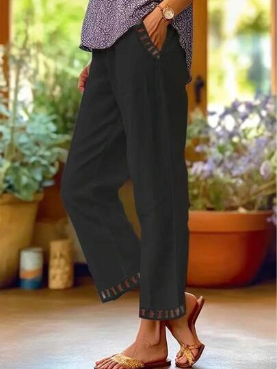 Damskie czarne spodnie typu relaxed fit – wysoki stan, proste nogawki, casualowe spodnie na lato