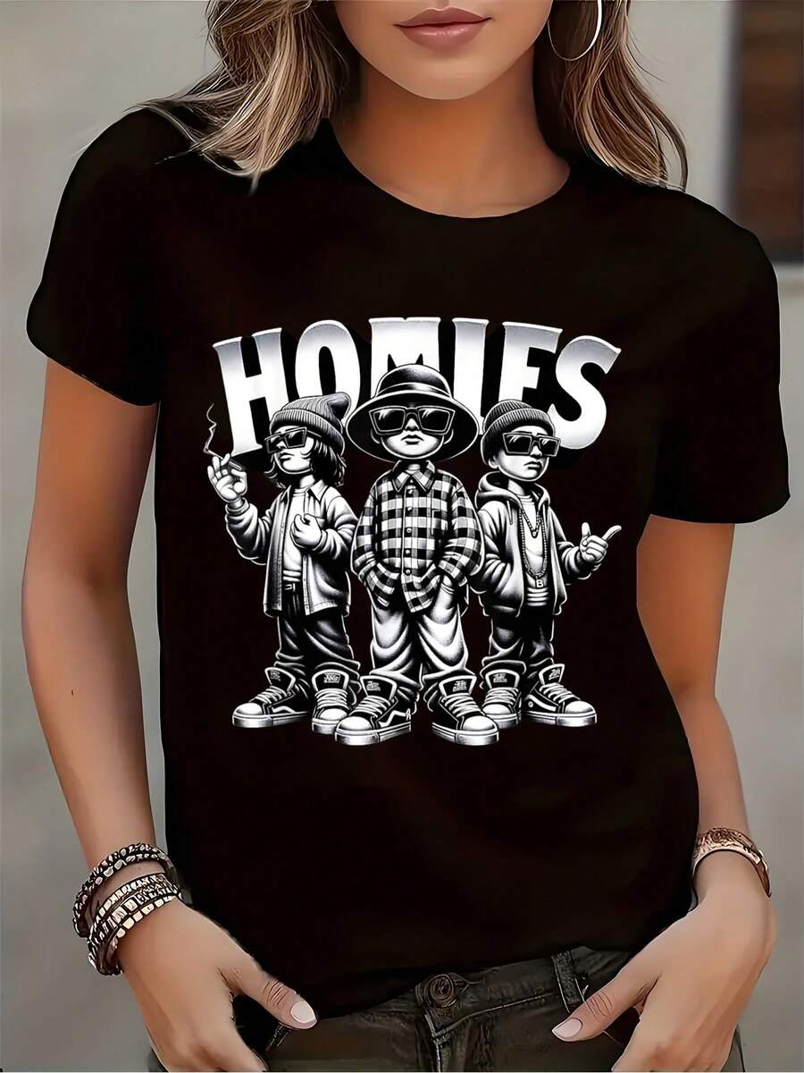 Women's Homies Cartoon Characters Print Round Neck Short Sleeve T-Shirt Casual Streetwear For Everyday Wear Comfortable Fabric Suitable For Gift 220g - Black - View 1