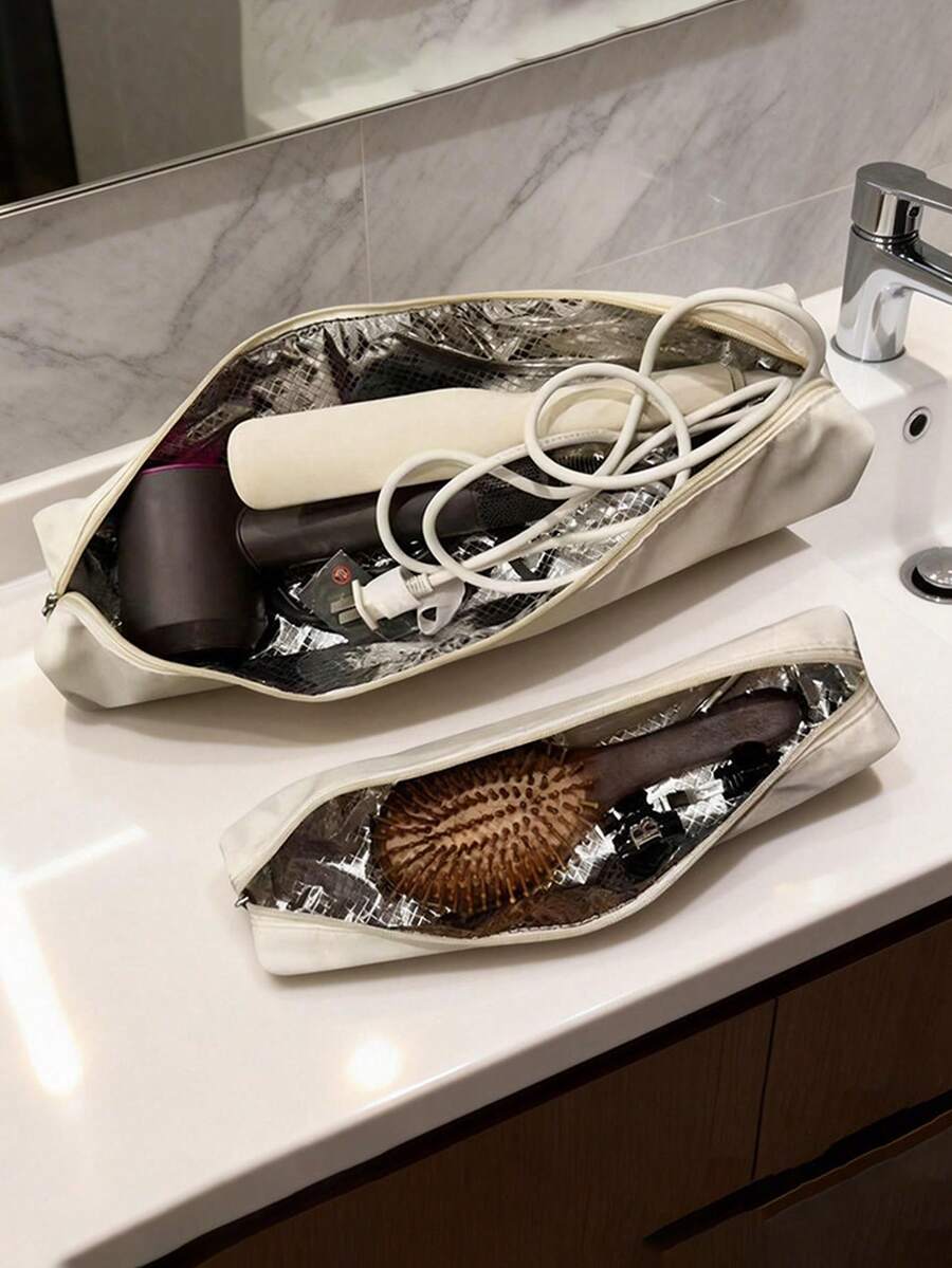 Heat-Resistant Curling Iron Storage Bag, Portable Hair Styling Tool Travel Pouch With Aluminum Foil Lining, Beige Nylon Zipper Design Suitable For Straighteners, Curling Irons And Styling Tools, Heat-Insulated Design Protects Surfaces From Heat Damage, Lightweight And Compact For Easy Packing In Suitcases Or Backpacks - Multicolor - View 1