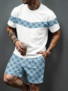Men's Letter Print Short Sleeve T-Shirt And Shorts Set - Baby Blue - View 2