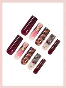 24 buah Stiker Kuku Matte Berbentuk Bintang Cherry Motif Leopard, Cocok Untuk Wanita & Anak Perempuan dengan Gaya Kuku Tempel Y2K - MultiWarna - View 3
