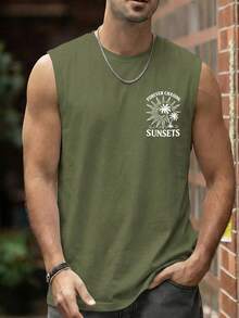 Fractyr Men's Casual Sports Outdoor Vest | Minimalist Palm Tree, Sun And Letter Print | Exquisite Design | Essential For Summer | Multifunctional And Easy To Wear | Perfect Gift For Friends | Showcase Unique Personalized - Army Green - View 4