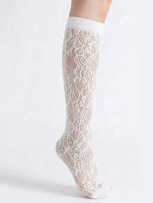 1/2 Pairs Women's Thigh High Socks - White Lace Hollow Rose, Lightweight Breathable Japanese Style Pure And Sweet, Spring/Summer - Multicolor - View 5