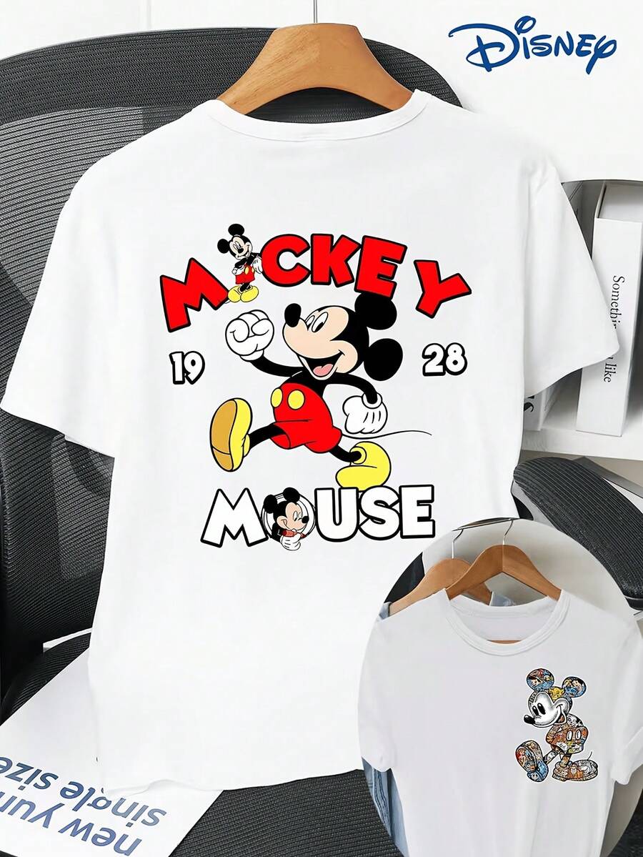Women's Short Sleeved T-Shirt, Double-Sided Printing On The Front And Back, Disneyland, Mickey Mouse Cartoon Image Printed Short Sleeved Round Neck T-Shirt, Casual And Fashionable Short Sleeved T-Shirt, Slightly Elastic, Non Transparent, Easy To Care For Material, Ideal For Daily Wear, Women's T-Shirt, Disney Shirt, Disney Shirts, Summer Outfits For Women, Spring Outfits For Women, Officially Licensed Disney T-Shirts, Disney Men's And Women's Spring/Summer Fashion Casual Short-Sleeve T-Shirts - White - View 1