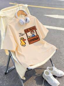 This Casual Apricot Round Neck T-Shirt Is Printed With A Cute Little Duck Pattern, Very Suitable For Boys And Big Kids To Wear. Whether It's For Going To School, Shopping, Creating A Street Style, Or Vacationing, It Is An Excellent Choice. - Apricot - View 4