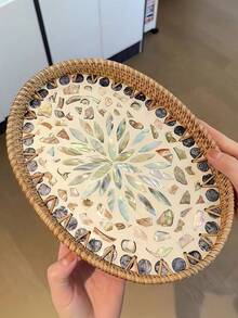 1pc Luxury Natural Shell Inlaid Oval Tray, Multifunctional Decorative Storage Dish For Fruit, Snacks, Desserts, Coffee Drinks, Home Decor, Easter Party Supplies - Yellow - View 5