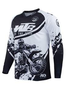 山地自行车V领运动衫，竞速服，MTB BMX ATV速降摩托车DH越野摩托车V领T恤，男士健身长袖T恤 - 通用款，适合骑行、越野、摩托车旅行、徒步、训练、钓鱼和日常休闲穿着 - 黑與白 - 查看 1
