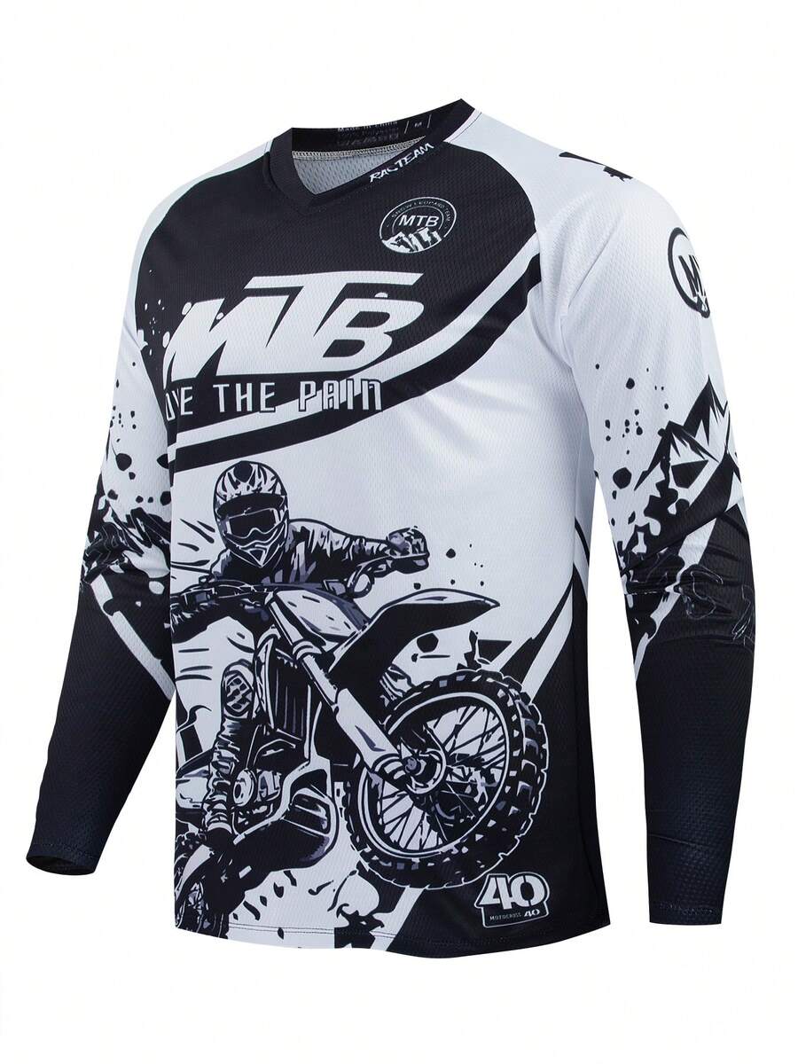 山地自行车V领运动衫，竞速服，MTB BMX ATV速降摩托车DH越野摩托车V领T恤，男士健身长袖T恤 - 通用款，适合骑行、越野、摩托车旅行、徒步、训练、钓鱼和日常休闲穿着 - 黑與白 - 查看 1