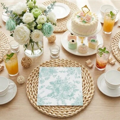 20/40 PCS 9.84inch X 9.84inch French Vintage Floral Square Paper Party Napkins French Vintage Style  White Background With Light Blue And Pink Suitable For Banquets Afternoon Tea  Weddings  Bridal Showers Spring And Summer Picnics Birthday Parties.