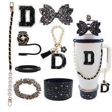 Stanley Cup Accessories Set For 40oz & 30oz Tumbler With Handle,Including Straw Topper,Boot,Water Bottle Handle Strap,Straw Bow Decorate,Bracelets,Letter Charm,Initials Sticker,Cup Ring(Black D) - 黑D - 查看 2