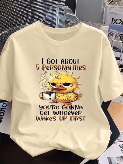 Ich habe 5 Persönlichkeiten' Enten-Muster Rundhals Kurzarm T-Shirt. Neues Damen Casual Cute Grafik Locker Urlaubs-Stil Rundhals Kurzarm T-Shirt, modisch für den täglichen Gebrauch, geeignet für Feiertage. Geeignet für Valentinstag, Schulanfang, Lehrertag und andere Feste. Grafik-Buchstaben-Muster, weich, locker und bequem, hochwertiger Streetwear Urlaubs-Stil Casual Kurzarm Top Sommer