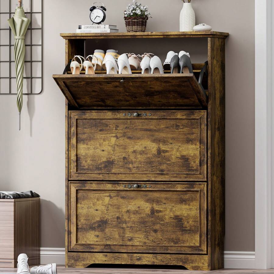 Shoe Cabinet For Entryway, Slim Shoe Storage Cabinet With Adjustable Shelves, Wooden Rack And Organizer For Small Spaces, Closet, Hallway - Brown 3 Doors - View 1