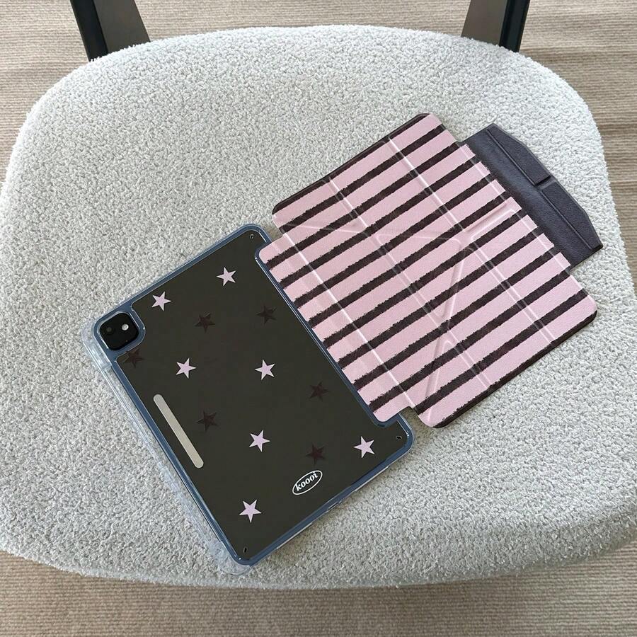 Minimalist Pink-Brown Striped Star Pattern Flat Protective Case Compatible With Apple 11th Gen, Minimalist 12th Gen Tablet Protective Case, Pro 2025 New Mini 6 Fashion Mini 7 Cute 10th Gen Air 7/6 11-Inch Tablet Protective Cover For Women And Men