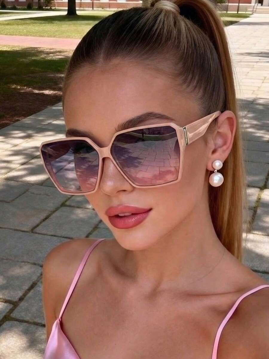 1pc Women's Plastic Square Frame Decorated Vintage Elegant Pink Y2K Summer Holiday Fashion Sweet Dopamine Retro Fashion Glasses Shades, Plus Size Flattering, Suitable For Dates, Parties, Outdoor & Driving - Multicolor - View 1