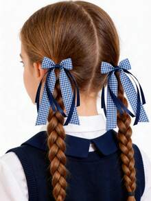 2 piezas Scrunchies de pelo con lazo a cuadros de dos tonos, estilo escolar y casual versátil para niñas - Azul Marino - Ver 4