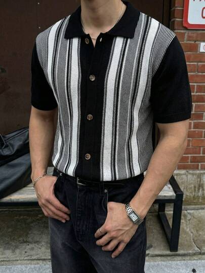 ملابس علوية بولو قصير الأكمام بياقة عمودية مخططة بألوان متباينة، متعدد الاستخدامات، طراز كوري كاجوال فضفاض بسيط، مناسب للارتداء اليومي، موسم الربيع والصيف