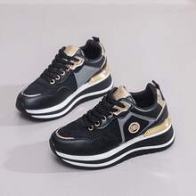 Metal Eyelet Lace-Up Casual Wedge Sneakers - Black - View 9