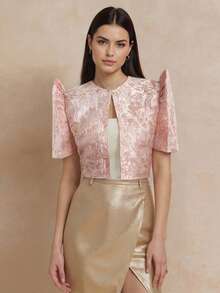 1pc Modern Filipiniana Top, Butterfly Sleeves Filipiniana Jacquard Button Short Sleeve Cardigan Blouse, Pink - Pink - View 4