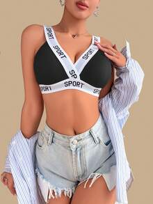 1pc Women Fashion Casual Letter Ribbed Soft Cup Bra, Comfortable Wireless With Pads, Medium Support Sports Bra Underwear - Black - View 7