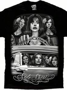 T Shirt Print ,Graphic-Cotton Tees Size Plus, Cartoon Round Neck Short Sleeve, Graphic-Shirt Cotton Tees Size Plus,[Sexy Clown Tee] DGA Side Show Cruising Lowrider Sexy Payasa Clown T Shirt |     Men's Comfortable Cotton Round Neck Short Sleeves 180g ,Y2K,Oversized Shirt Men,Summer Tops,Y2K,Oversized Shirt Men,With Shirt,Summer Tops,Shirt Suitable - 黑色 - 查看 1