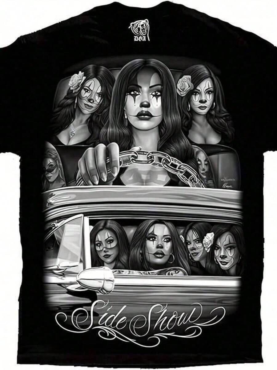 T Shirt Print ,Graphic-Cotton Tees Size Plus, Cartoon Round Neck Short Sleeve, Graphic-Shirt Cotton Tees Size Plus,[Sexy Clown Tee] DGA Side Show Cruising Lowrider Sexy Payasa Clown T Shirt |     Men's Comfortable Cotton Round Neck Short Sleeves 180g ,Y2K,Oversized Shirt Men,Summer Tops,Y2K,Oversized Shirt Men,With Shirt,Summer Tops,Shirt Suitable - 黑色 - 查看 1
