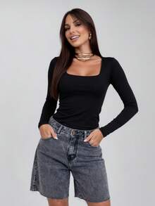 Set Of 3 Women's Second Skin Baby Look Blouses, Long Sleeve, Square Neck, Basic Shaping, Soft Supplex Fabric, Lined, Elastic, Premium Casual Fashion, Versatile, - 黑-酒-白 - 查看 5