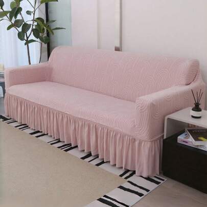 1 tấm bọc ghế sofa nhung jacquard màu hồng hình vòm với viền chân váy co giãn, kiểu dáng đơn giản và hiện đại, được làm từ chất liệu sợi polyester, phù hợp cho sofa đơn đến sofa bốn người - 210g/mét vuông, tấm bảo vệ sofa | Phụ kiện trang trí nhà cửa tinh tế | Chi tiết viền xếp ly