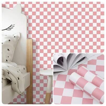 1 Cuộn Giấy Dán Tường Tự Dính Kiểu Ins, Nền Lưới Màu Hồng, Chất Liệu PVC, Giấy Dán Tường Có Thể Tháo Gỡ Dùng Cho Trang Trí Phòng Ngủ, Kích Thước 15.7inX39.3in/118.1in/196.8in