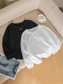 2pcs Young Boy Long Sleeve T-Shirts, Loose Fit White Casual Tops, Spring - Multicolor - View 3