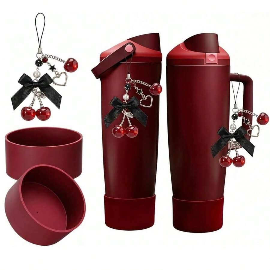 Black Cherry For Water Bottle 24oz, 30oz, 32 Oz, 40 Oz, Black Red Cherry With Cute Cherries And Bow Pendant - Perfect Accessories For Tumbler | For Decor Gift - Burgundy - View 1