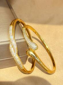 18K Gold Plated Twisted Curved Zirconia Stackable Bracelet Set, Fade-Resistant Adjustable Gold Bracelet, Elegant Women's Jewelry, Suitable For Daily Wear, Wedding - Multicolor - View 5