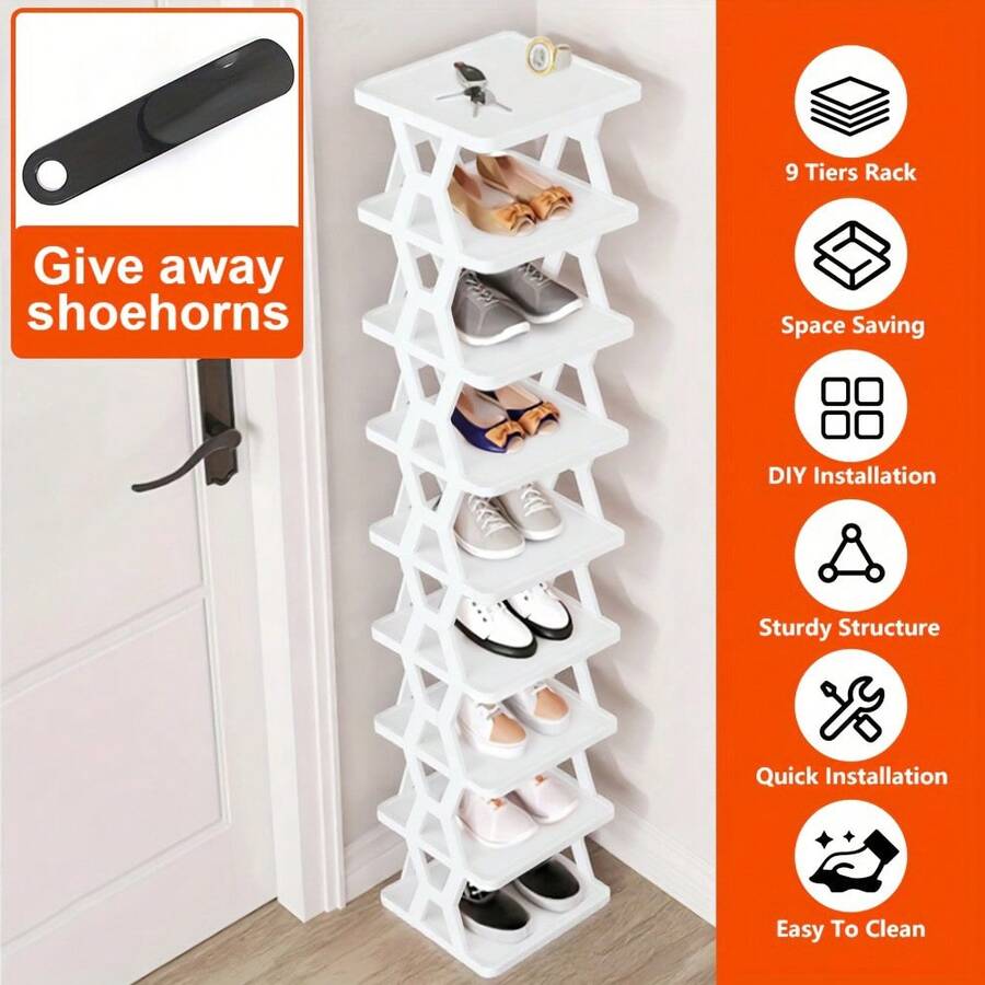 9/6-Tier Shoe Organizer - Comes With A Shoe Horn, Vertical Design, Perfect For Closets, Hallways, Bathrooms, Dorms, Storage And Organization, Stackable Plastic Shoe Organizer, Easy To Assemble - Xem 1