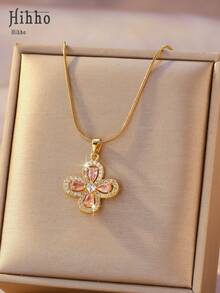 Hihho 1pc Elegant Cubic Zirconia Flower Pendant Necklace, Suitable For Students And Office Ladies, Gift For Girlfriend And Best Friend - Yellow Gold - View 3