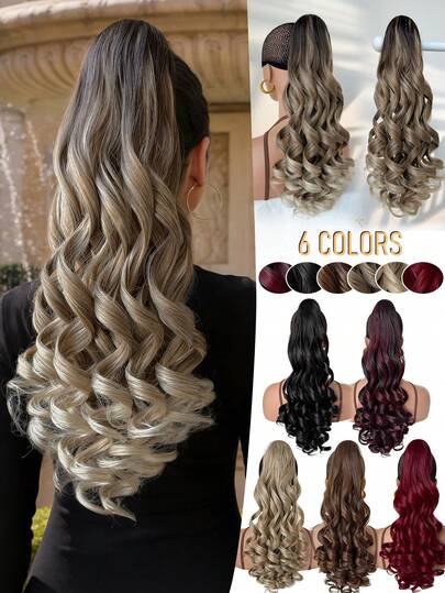 HEYPINK Claw Shaped Ponytail Extension Hair Accessory, Multi Colored, 22 Inch Water Wave Heat-Resistant Fiber Synthetic Ponytail Wig, Suitable For Women's Parties And Daily Use