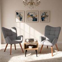Retro Ohrensessel aus Wildleder-Optik mit Eichenbeinen, Moderner Polstersessel mit Hoher Rückenlehne, Ergonomischer Esszimmerstuhl & Relaxsessel für Wohnzimmer, Küche & Restaurant, Belastbar bis 150kg - Dunkelgrau - Übersicht 2