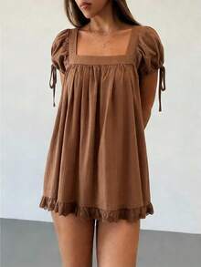 Coffee Women's A-Line Square Neck Puff Sleeve Babydoll Dress Lace Trim Ruffle Hem Dress Summer Casual Flowy Dress For Beach Vacation - 咖啡 - 查看 6