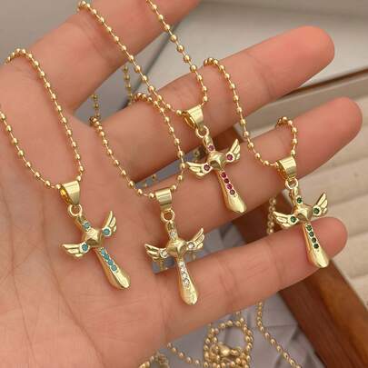 1件天使之剑/翅膀十字架吊坠项链，男女皆宜的时尚饰品，适合日常佩戴/节日礼物
