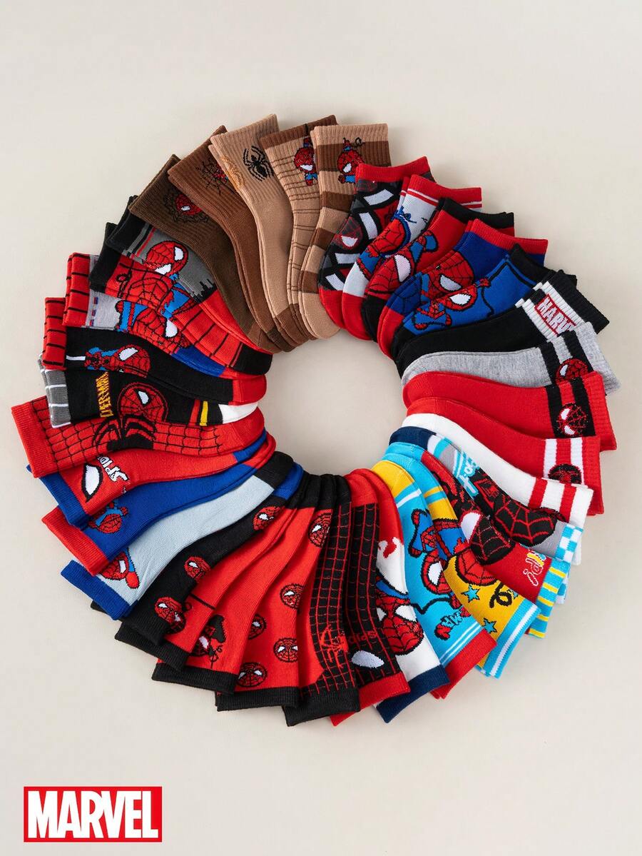 Marvel 5/10/15/20 Pairs Random Children Patterned Socks, Assorted Styles, Boys Black & Red Short Socks, Suitable For Casual Daily Wear - Multicolor - View 1
