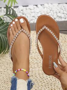 1 đôi dép xỏ ngón đế bằng đính hạt kiểu dáng tối giản mới dành cho nữ, dép đi biển cổ điển đa năng, trang phục ngoài trời mùa hè thanh lịch. - màu nâu - Xem 2