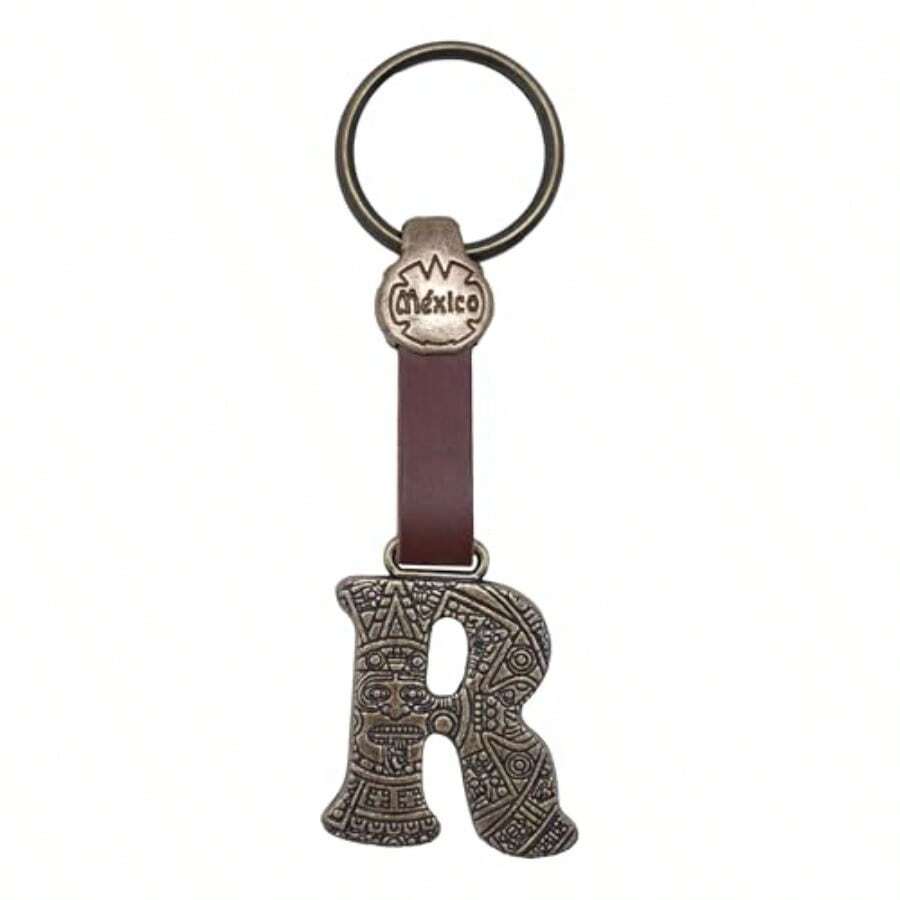 Metal Keychain With Engraved Initial And Calendar - Handmade Gift Of Mexican Heritage - Letter R - View 1