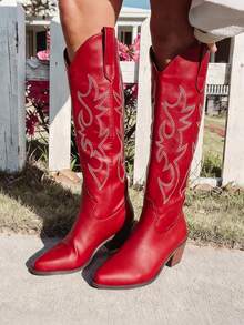 Women's Solid Color Stylish Fall Boots, Easy Comfy Pull On Embroidered Chunky Heel Knee High Boots, Point Toe Western Cowboy Heeled Boots For Woman - Đỏ - Xem 8