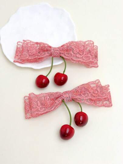 2 chiếc kẹp tóc nơ ren hình quả anh đào ngọt ngào dành cho nữ, kẹp tóc trang trí hình quả anh đào đỏ dễ thương, phụ kiện tóc thời trang cho hàng ngày và các bữa tiệc.