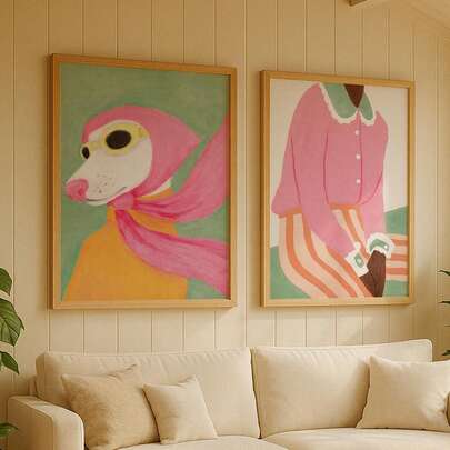 两幅一套的俏皮可爱的粉色小狗和抽象人物帆布海报。马卡龙色系墙饰。家居装饰，永恒的房间装饰美学，高端可选画框（带框/不带框），时尚的房间装饰，引人注目的墙面装饰，舒适的客厅/卧室装饰
