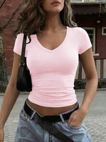 Áo thun nữ Vaiaye cổ chữ V tay ngắn màu trơn, kiểu dáng ôm sát gợi cảm phong cách Y2K, phù hợp mặc hàng ngày. - Hồng - Xem 5