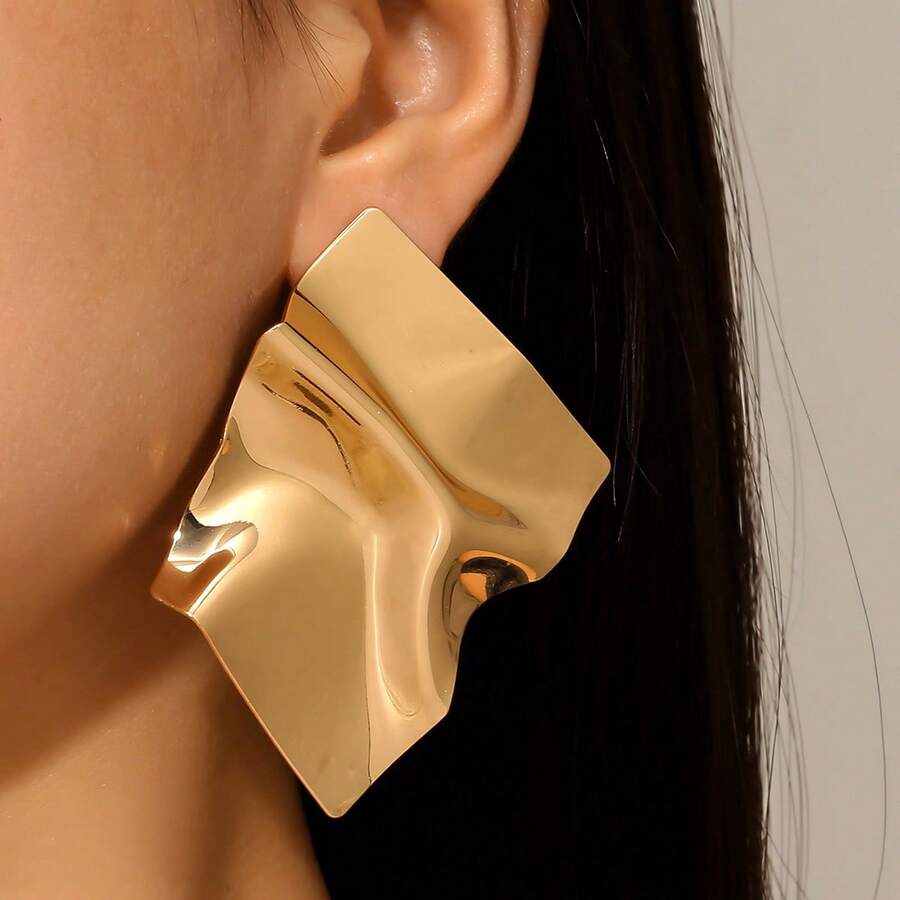 1 par de pendientes de clip asimétricos con pliegues brillantes y brillantes, un regalo clásico y versátil de moda - Amarillo Oro - Ver 1