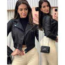 Women's Casual Biker-Style Jacket In Black PU Leather, Featuring Regular Long Sleeves, A Zipper Closure, And Pockets. - màu đen - Xem 2