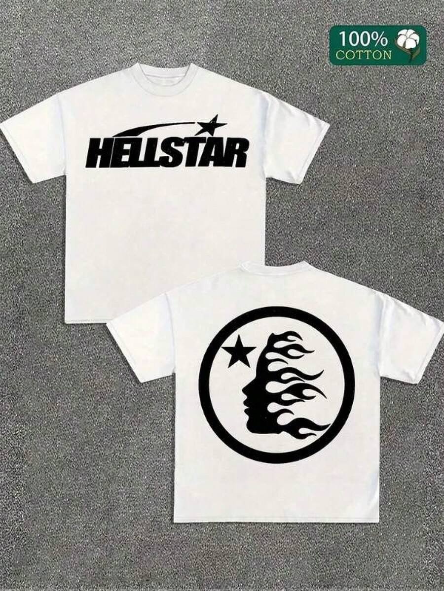 T Shirt Print ,Graphic-Cotton Tees Size Plus, Cartoon Round Neck Short Sleeve, (220 Cotton T-Shirt Double-Sided Printing) White 1pc Flame & Star Graphic T-Shirt, Y2K, Streetwear, Digital Print T - Shirt Casual Comfort Cotton Tee For Spring & Summer Fall Men's Clothing, Gift, Unisex,Y2K,Oversized Shirt Men,With Shirt,Summer Tops,Shirt Suitable - 白色 - 查看 1