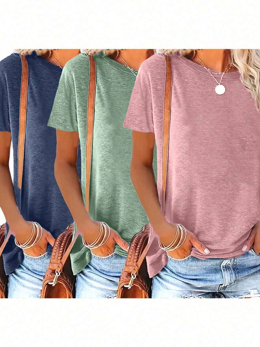 3pcs Plain Round Neck Short Sleeve Loose Casual T-Shirts, Suitable For Spring/Summer Daily And Home Wear, Machine Washable