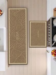 Alfombra de goma absorbente de 3.5 mm de grosor para la cocina, de estilo moderno y minimalista, color principal caqui con textura de hojas en marrón oscuro, patrón de líneas en relieve decorativo, se puede cortar para adaptarse al tamaño de la cocina - Multicolor - Ver 1