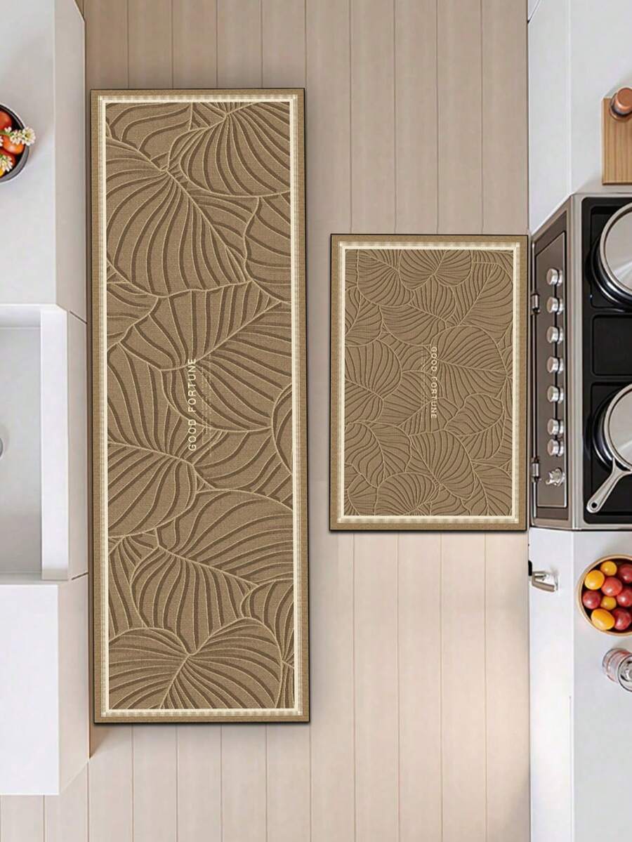 Alfombra de goma absorbente de 3.5 mm de grosor para la cocina, de estilo moderno y minimalista, color principal caqui con textura de hojas en marrón oscuro, patrón de líneas en relieve decorativo, se puede cortar para adaptarse al tamaño de la cocina - Multicolor - Ver 1